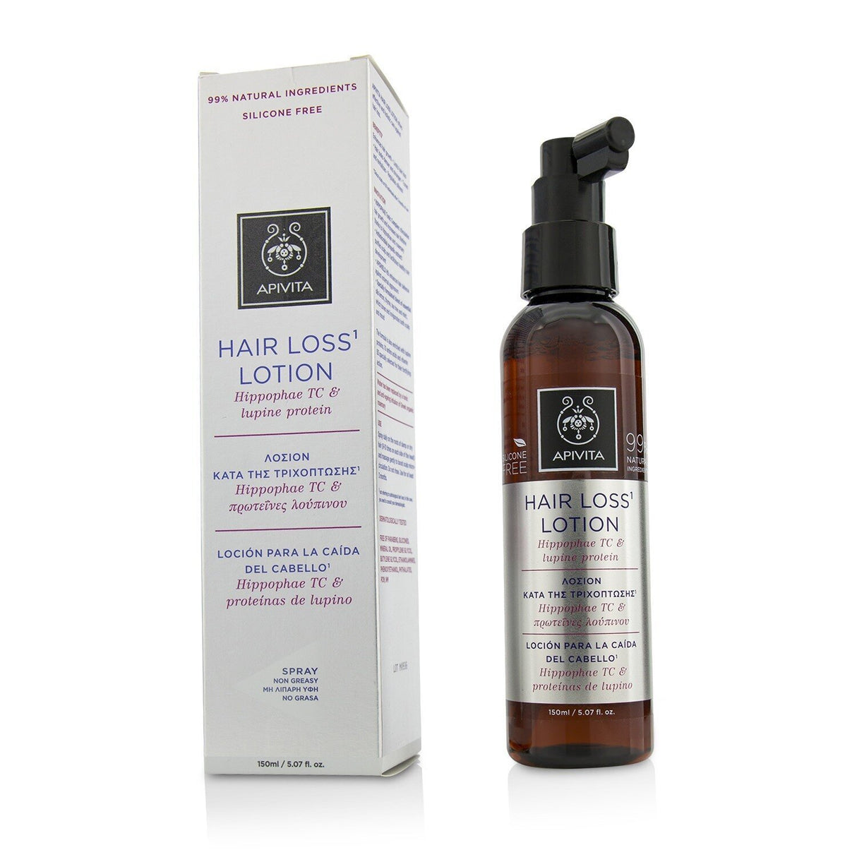 Apivita Hair Loss Lotion in a 150ml bottle, enriched with botanicals to strengthen and revitalize thinning hair.