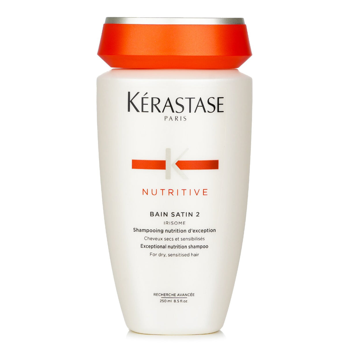 Luxurious 250ml shampoo for dry, sensitized hair, offering nourishment, softness, and shine with protective silicone derivatives.