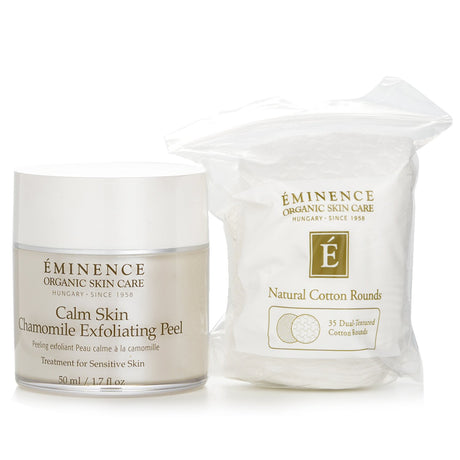 Eminence Calm Skin Chamomile Exfoliating Peel with 35 cotton rounds, designed for sensitive skin, hydrates and brightens.