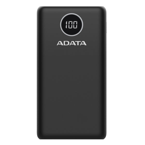 Black ADATA P20000QCD 20000mAh Quick Charge Powerbank with Qualcomm QC 3.0, USB PD 3.0, and dual USB-A ports.