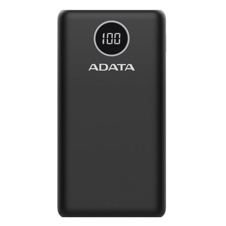 Black ADATA P20000QCD 20000mAh Quick Charge Powerbank with Qualcomm QC 3.0, USB PD 3.0, and dual USB-A ports.