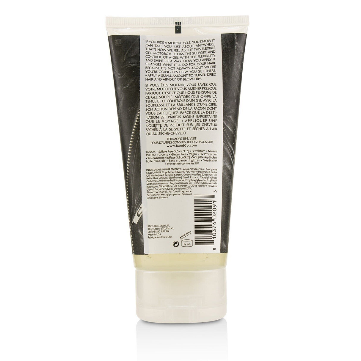 R+Co Motorcycle Flexible Gel in 147ml, a versatile styling gel for firm hold, flexibility, and shine with Coconut Oil and Keratin.