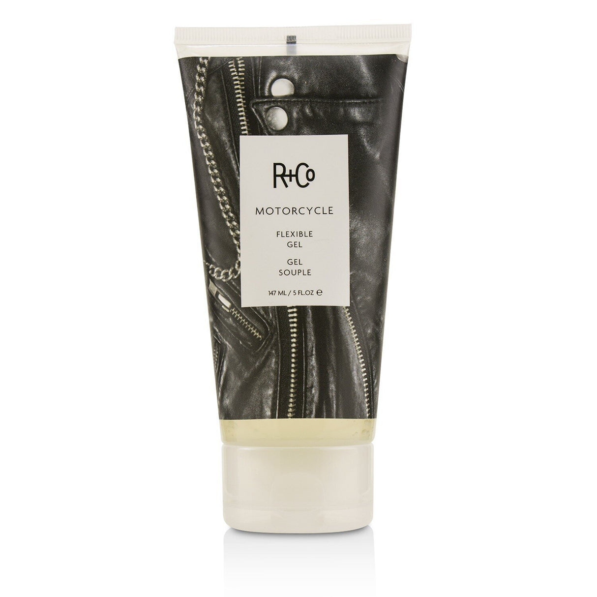 R+Co Motorcycle Flexible Gel 147ml: versatile styling gel for firm hold, flexibility, and shine, infused with Coconut Oil and Keratin.