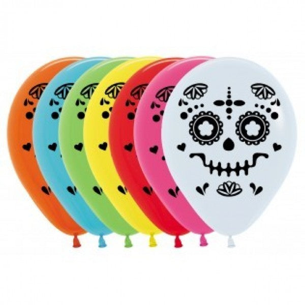 Vibrant Sempertex Catrina Day Of The Dead latex balloons, 12 pack, featuring colorful designs for festive celebrations.