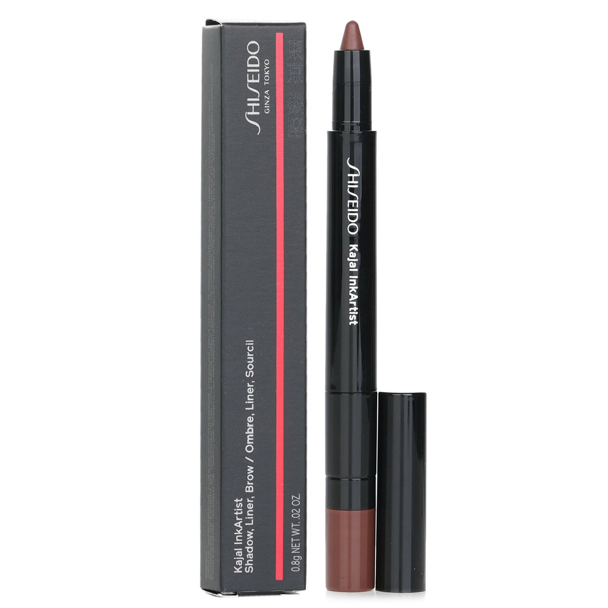 Shiseido Kajal InkArtist in Tea House Brown, a versatile 4-in-1 pencil for liner, shadow, brow, and kajal with a smooth formula.