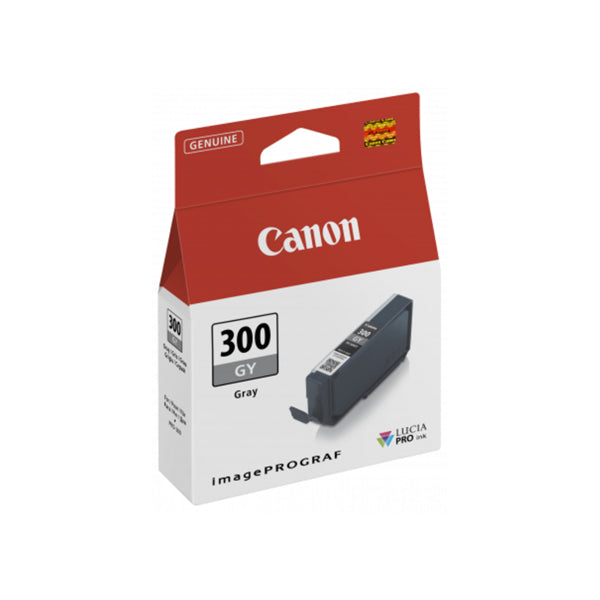 Canon PFI-300GY grey ink cartridge for Pro-300, offers consistent droplet placement and quick-drying, smudge-resistant ink.