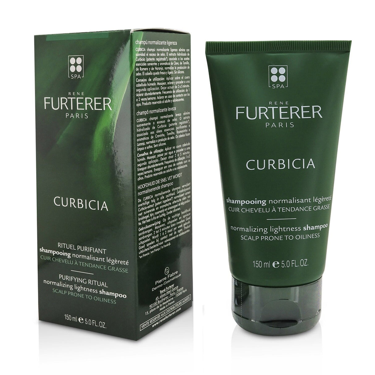 Rene Furterer Curbicia Purifying Ritual Shampoo: 150ml formula absorbs oil, soothes scalp, and leaves hair light with aromatic freshness.