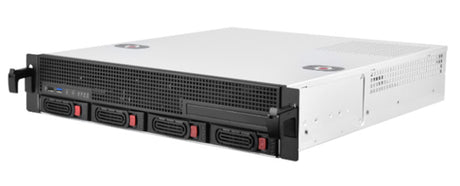 SilverStone RM21-304 2U Rackmount Case with 4 bay support for SAS/SATA drives, tool-less design, and efficient cooling fans.