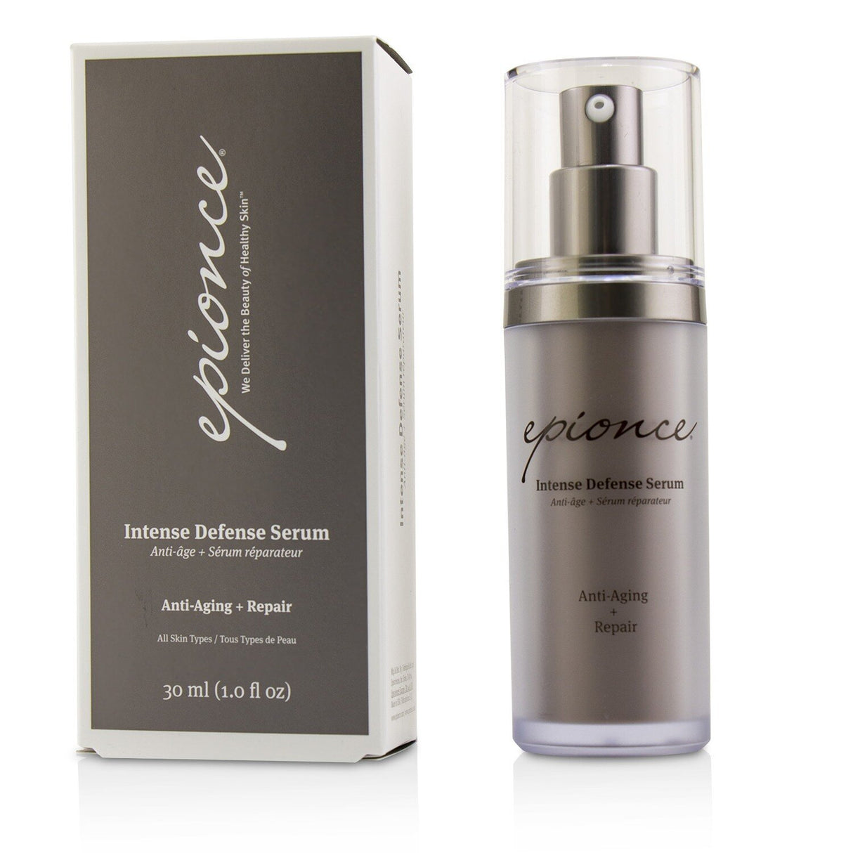Epionce Intense Defense Serum, a lightweight anti-aging serum with vitamins A, B, C, D, and E for all skin types.