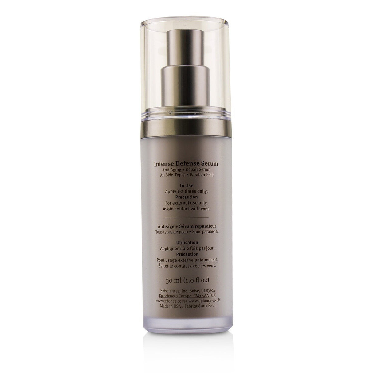 Epionce Intense Defense Serum in a sleek 30ml bottle, packed with vitamins for anti-aging and skin repair, suitable for all skin types.