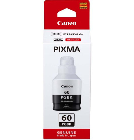 Canon GI60BK Black Pixma Endurance Ink Bottle, perfect for high-volume printing with sharp text and quick-drying, smudge-resistant ink.