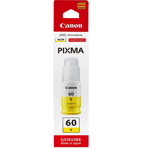 Yellow ink bottle for Canon Pixma Endurance G7060, lasting 7,700 pages with vibrant color, quick-drying, and smudge-resistant.