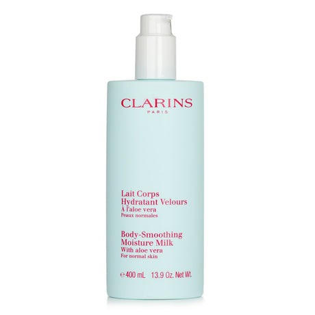 Clarins Body-Smoothing Moisture Milk with Aloe Vera in a 400ml bottle, designed for normal skin, offers lightweight hydration and soothing properties.