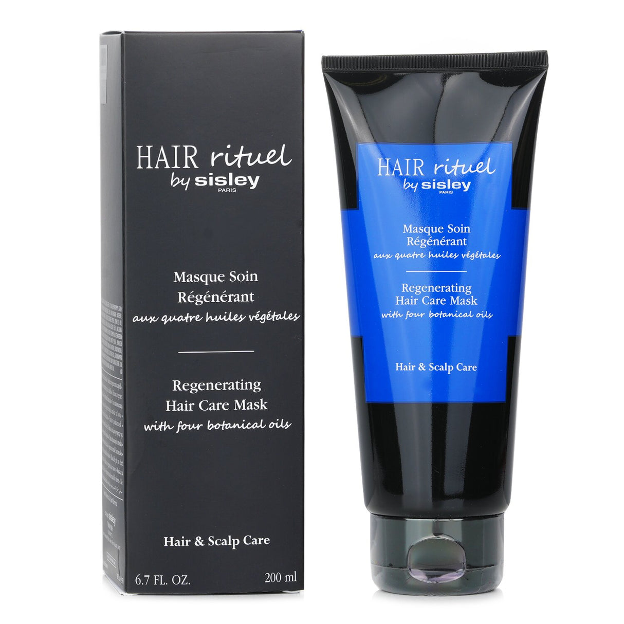 Regenerating hair mask with four botanical oils for deep nourishment, revitalizing dry and damaged hair.