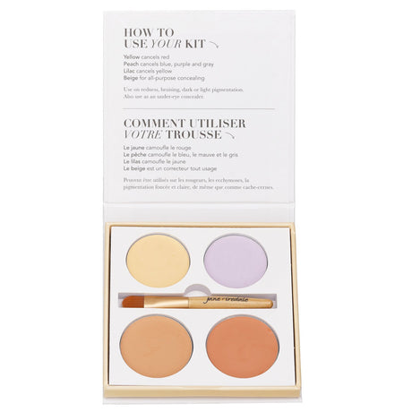 Jane Iredale Corrective Colors Kit featuring 4 concealers in Yellow, Peach, Lilac, Beige, plus an applicator for flawless skin.