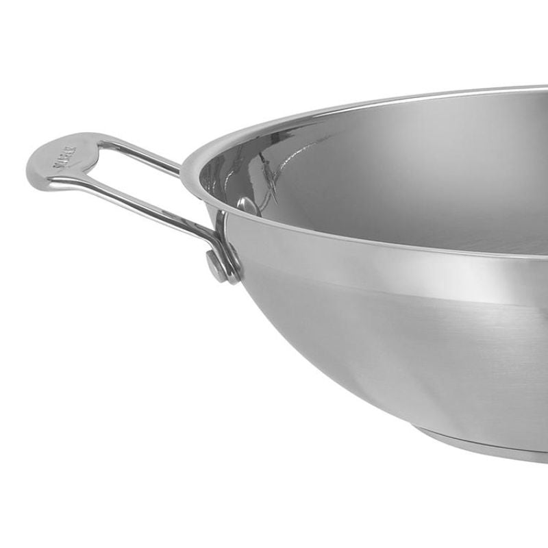 Scanpan Impact Wok 32cm in stainless steel, ideal for stir-frying, with durable construction and comfortable double-riveted handles.