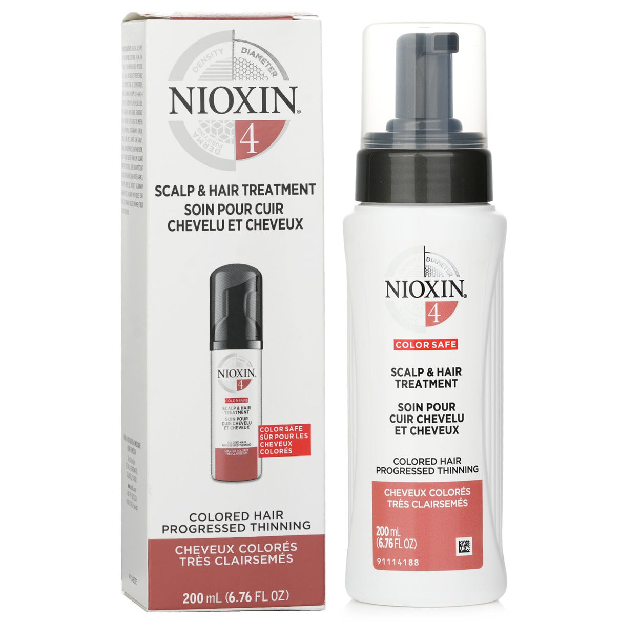 Nioxin Diameter System 4 treatment for colored hair, promoting thickness and moisture balance with UV protection.