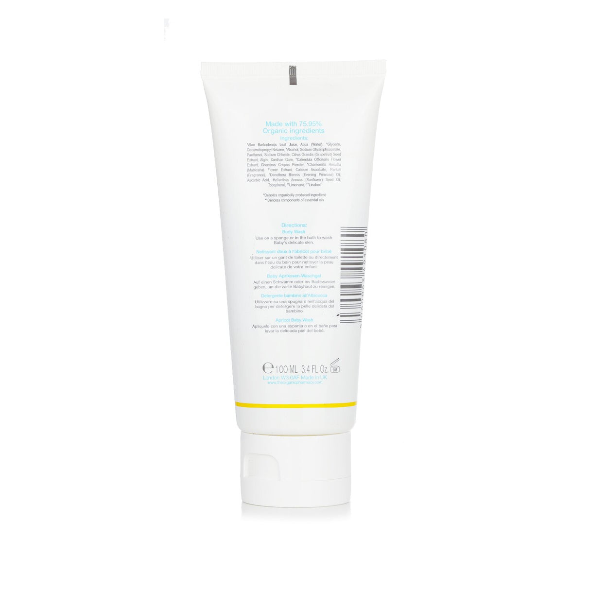 Gentle organic baby body wash with Apricot and Chamomile, free from harsh chemicals, 100ml size.