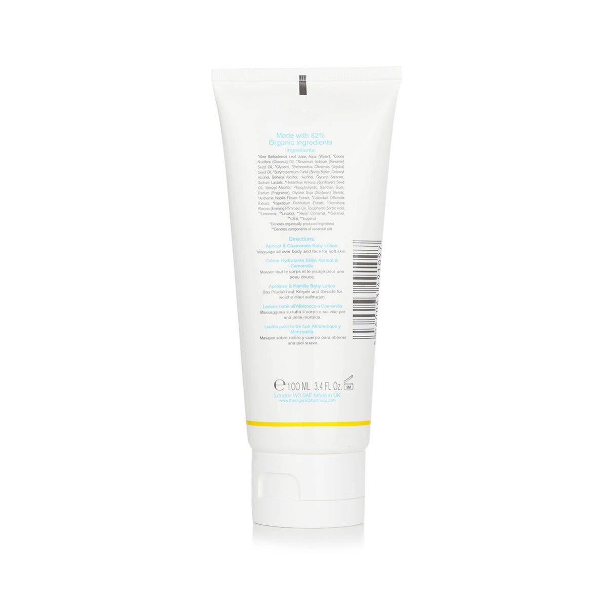 Lightweight organic baby lotion with apricot and chamomile, nourishing delicate skin without sticky residue.