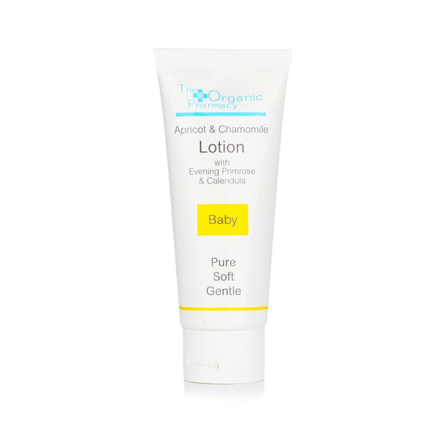 Organic baby lotion with apricot and chamomile, nourishing delicate skin, lightweight and non-sticky, 100ml.