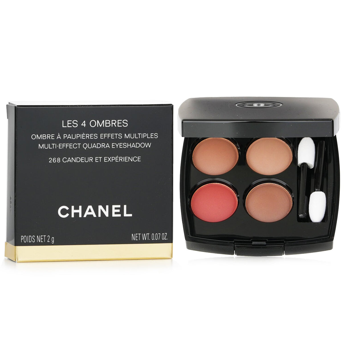 Chanel eye shadow quad No. 268 features four blendable shades for versatile looks, housed in a sleek compact with applicators.