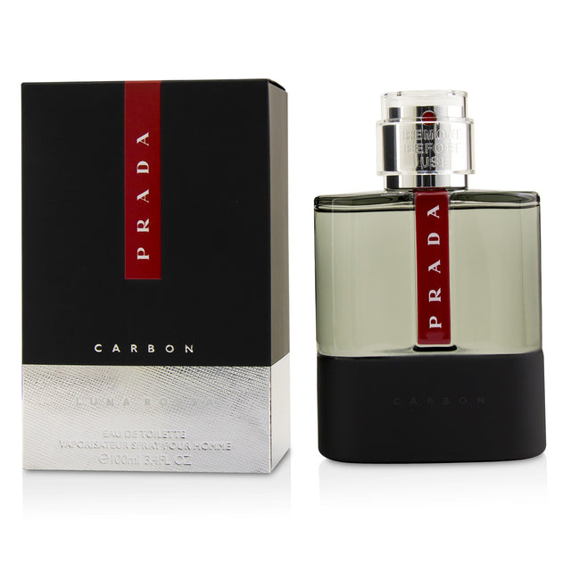 Prada Luna Rossa Carbon Eau De Toilette spray, a fresh aromatic scent for men with notes of bergamot, lavender, and patchouli.