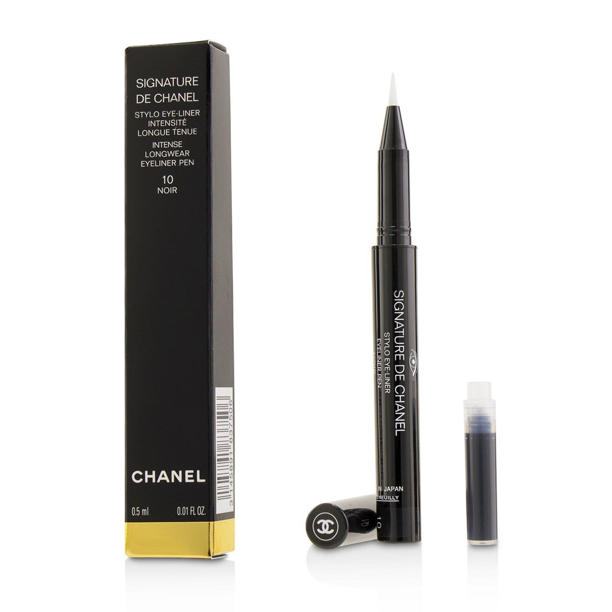 Chanel Signature De Chanel Intense Longwear Eyeliner Pen in #10 Noir, featuring a soft brush for precise, bold lines.