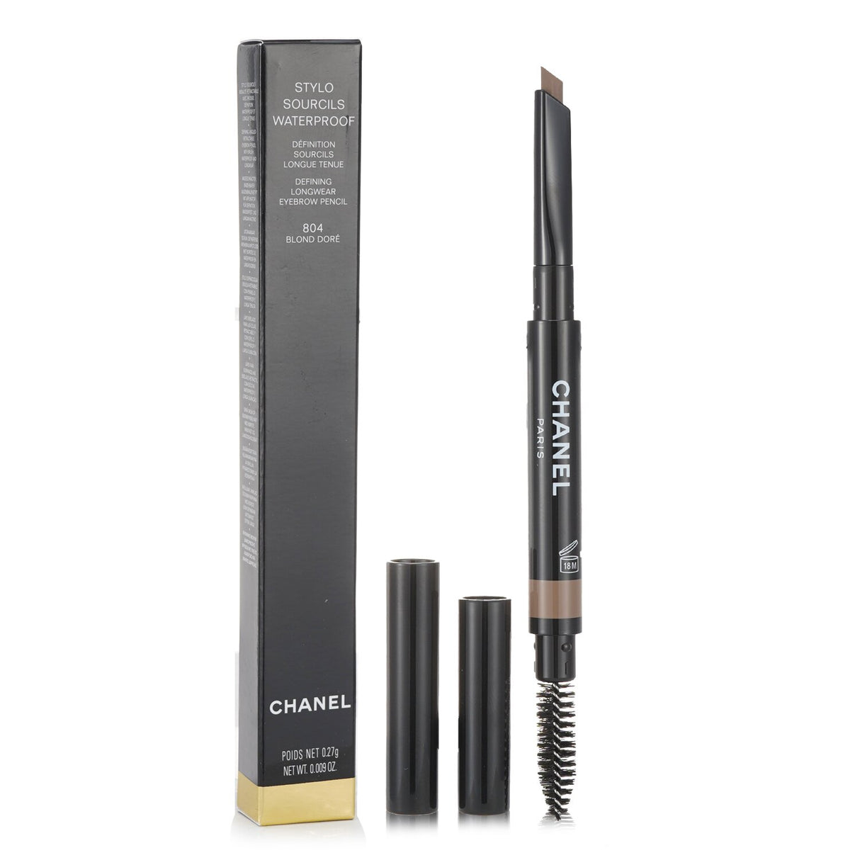 Chanel Stylo Sourcils Waterproof #804 Blond Dore brow pencil with tapered tip and spiral brush for precise, long-lasting brows.