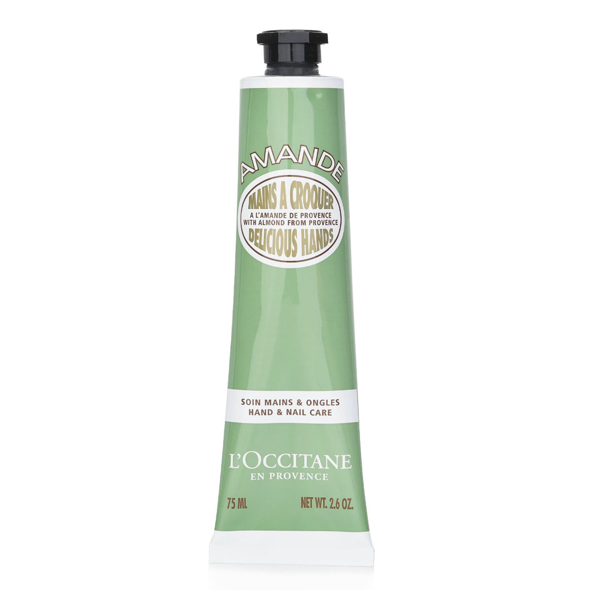 Luxurious L'Occitane Almond Delicious Hands cream in a 75ml tube, hydrates and scents with almond milk and flower fragrance.