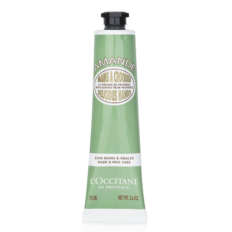 Luxurious L'Occitane Almond Delicious Hands cream in a 75ml tube, hydrates and scents with almond milk and flower fragrance.