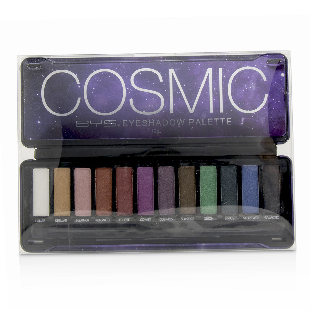 BYS Cosmic Eyeshadow Palette features 12 vibrant shades, perfect for creating diverse looks with mattes and shimmers.