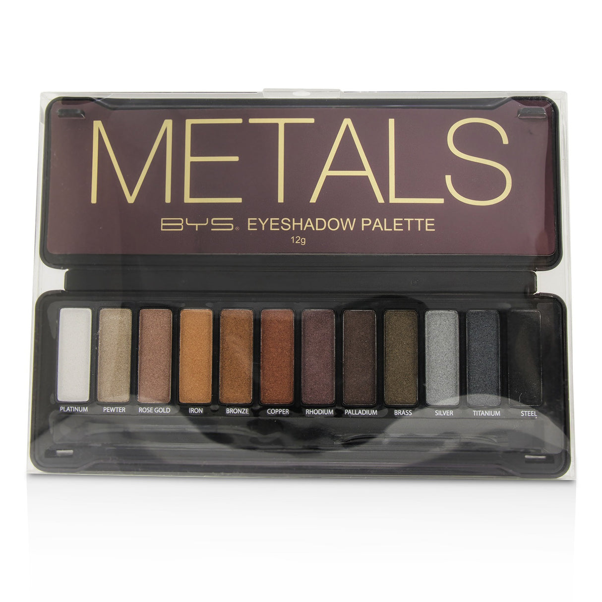 BYS Eyeshadow Palette in Metals featuring 12 metallic shades and 2 applicators for versatile eye looks.