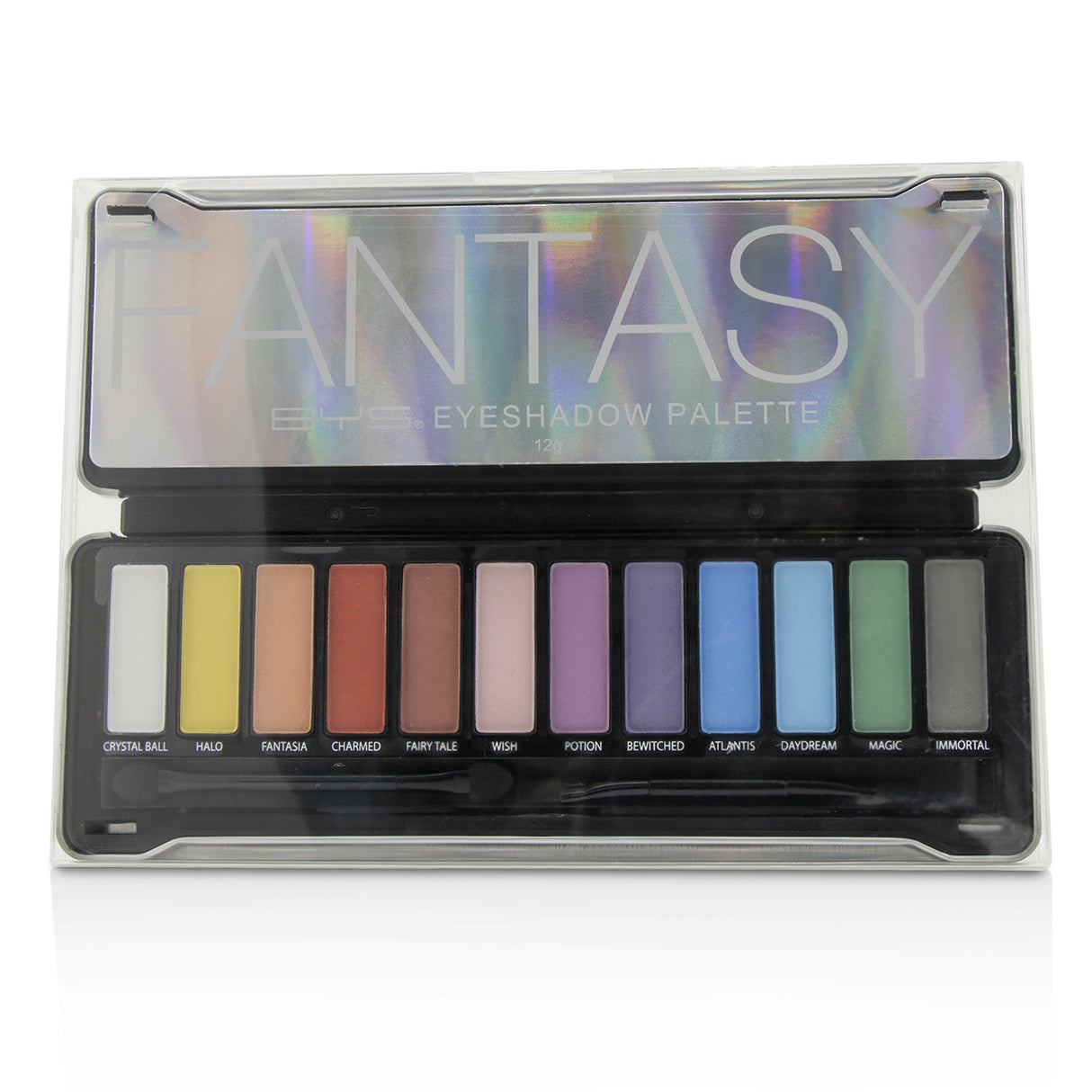 BYS Eyeshadow Palette featuring 12 magical shades for versatile looks, including mattes and shimmers, with 2 applicators included.