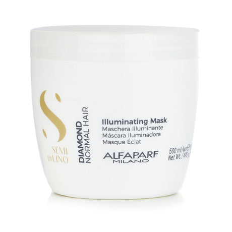 AlfaParf Semi Di Lino Diamond Illuminating Mask in a 500ml jar, designed for shiny, silky, and manageable hair.