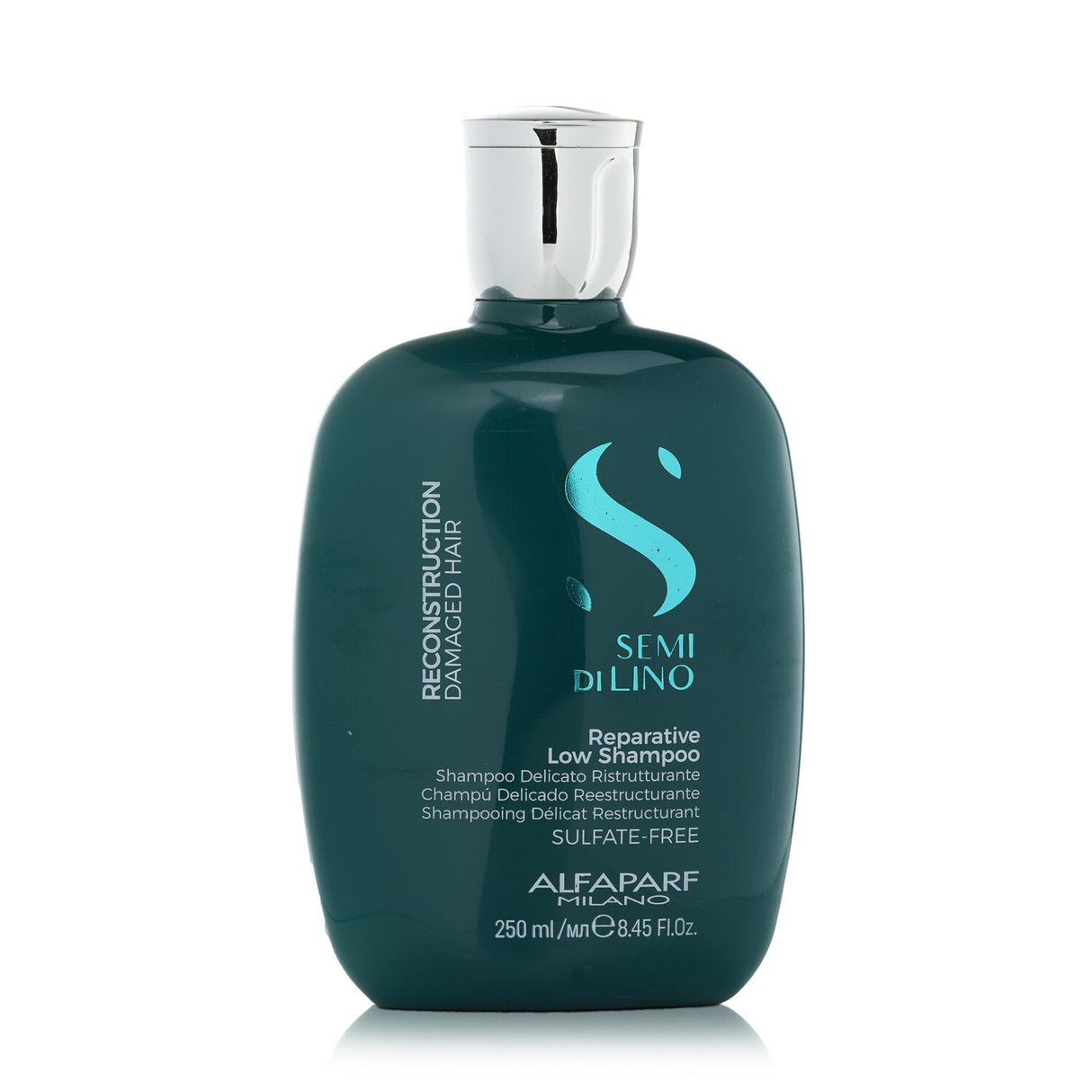 AlfaParf Semi Di Lino Low Shampoo for damaged hair, restoring strength, color, and shine with sulfate-free formula.