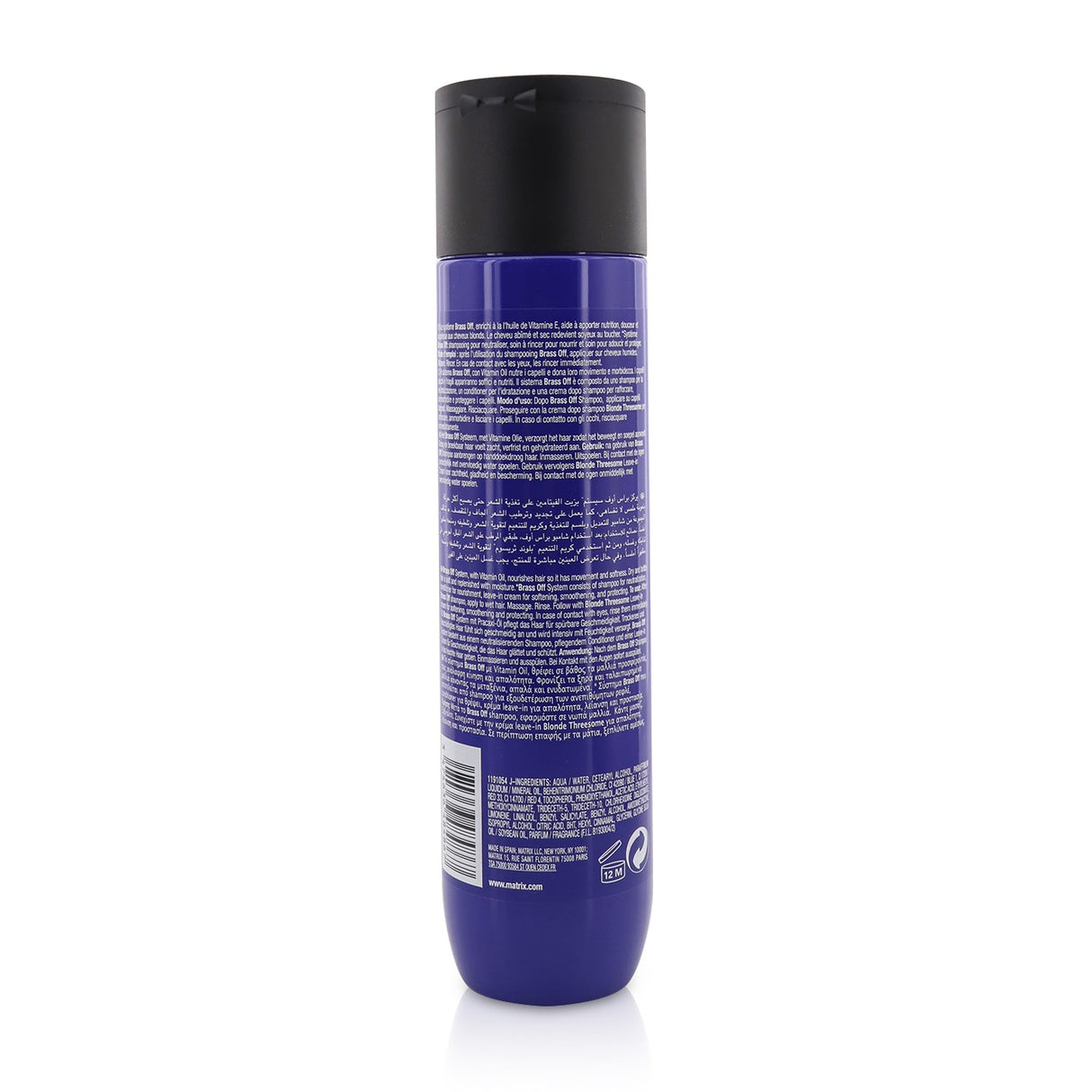 Matrix Total Results Brass Off Conditioner in 300ml, enriched with vitamin oil for nourishing lightened brunette hair.