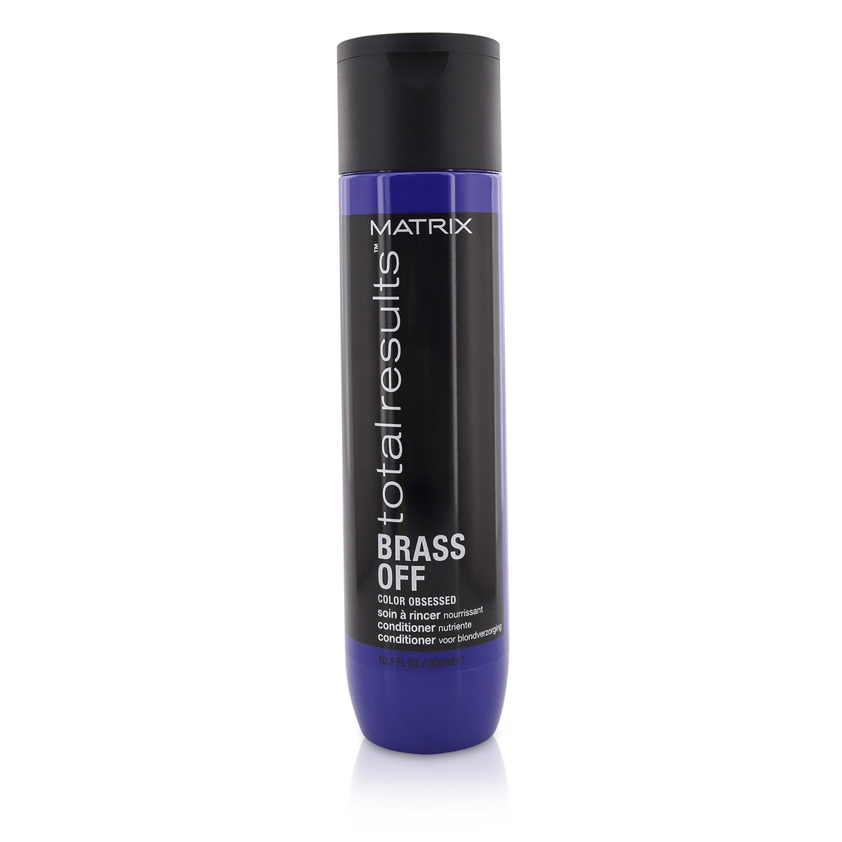 Matrix Total Results Brass Off Conditioner, a 300ml formula for lightened brunettes, nourishes, hydrates, and neutralizes brassiness.