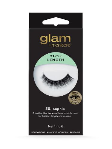 Sophia Mink Effect Lashes: 2 wispy lashes with a discreet band for natural glamour, includes hypoallergenic adhesive.