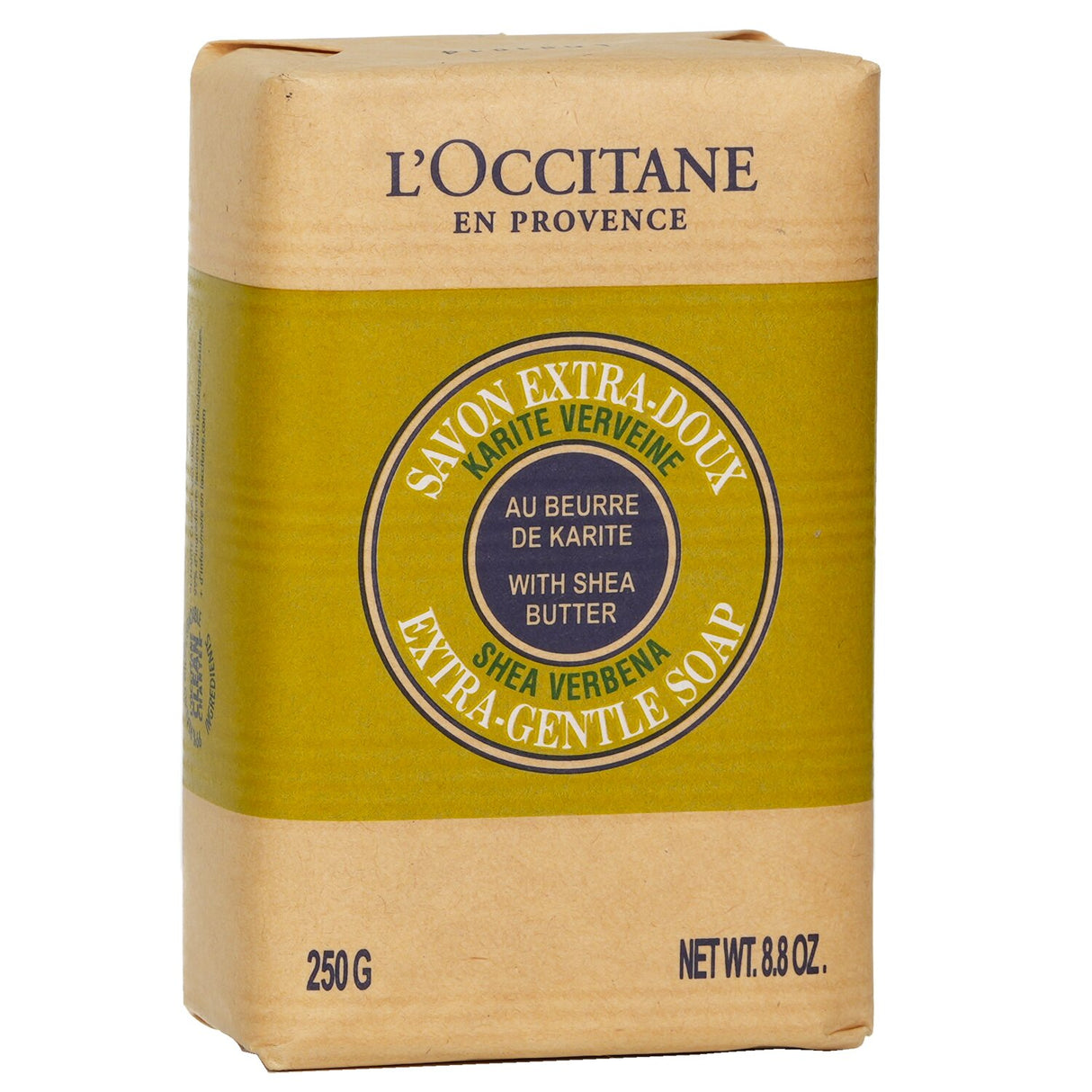 L'Occitane Shea Butter Extra Gentle Soap bar with verbena scent, perfect for nourishing and hydrating all skin types.