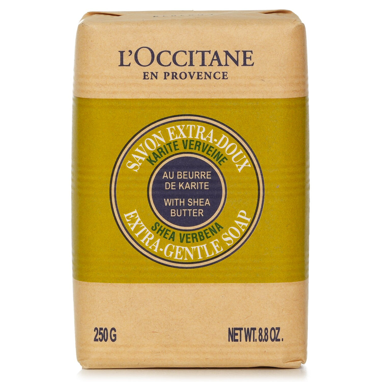 L'Occitane Shea Butter Extra Gentle Soap bar with verbena scent, nourishing, hydrating, suitable for all skin types.