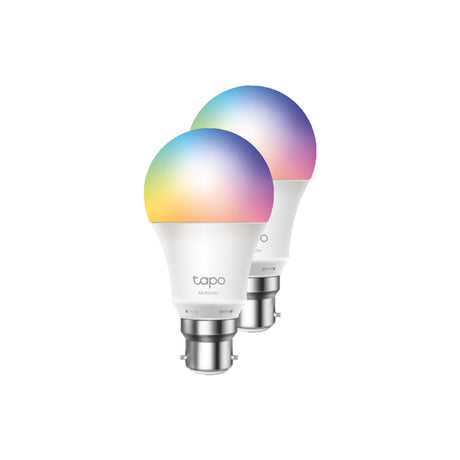 TP-Link L530B Tapo Smart Wi-Fi LED Bulb in a twin pack, featuring 16 million colors and tunable white from 2500K to 9000K.