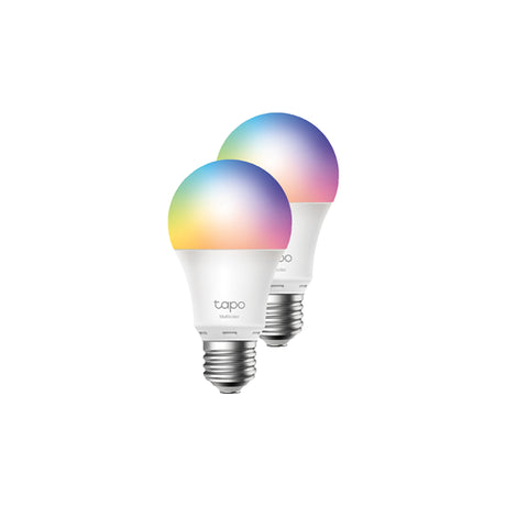 TP-Link L530E Tapo Smart LED Bulb Twin Pack showcasing vibrant colors, tunable white light, E27 base, and smart app control.