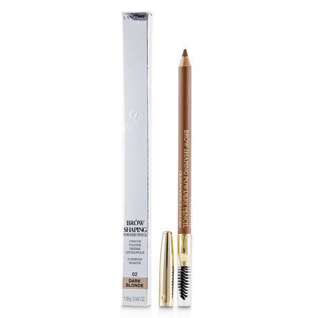 Lancôme Brow Shaping Powdery Pencil in #02 Dark Blonde, featuring a dual-ended design for shaping and grooming brows.