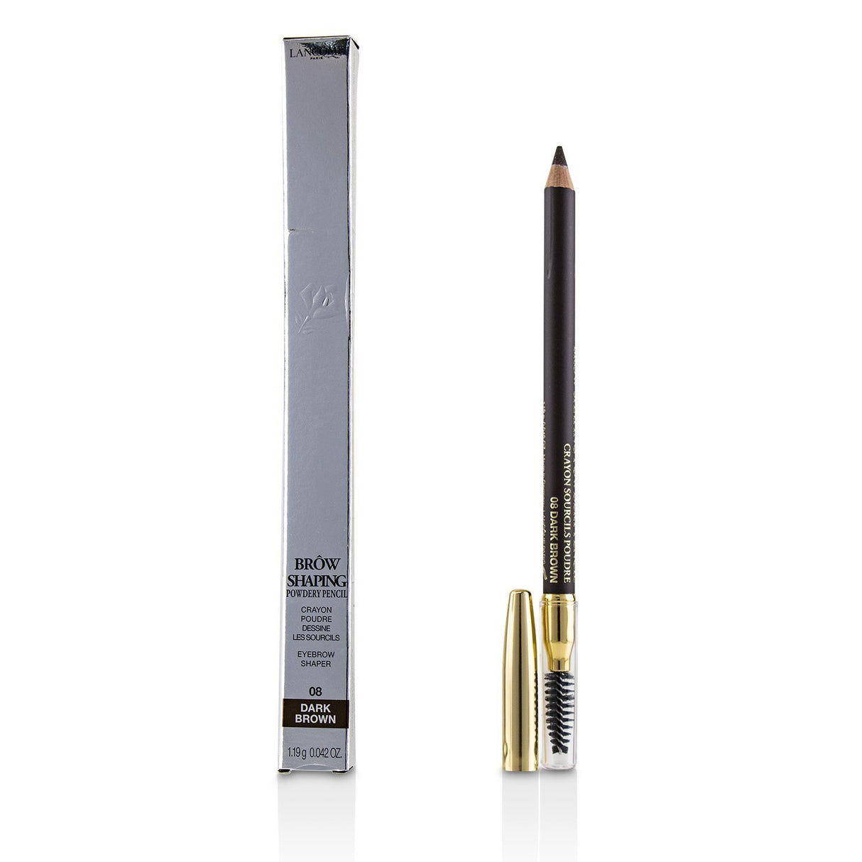 Lancôme Brow Shaping Powdery Pencil #08 Dark Brown, double-ended for defining, filling, and grooming brows effortlessly.