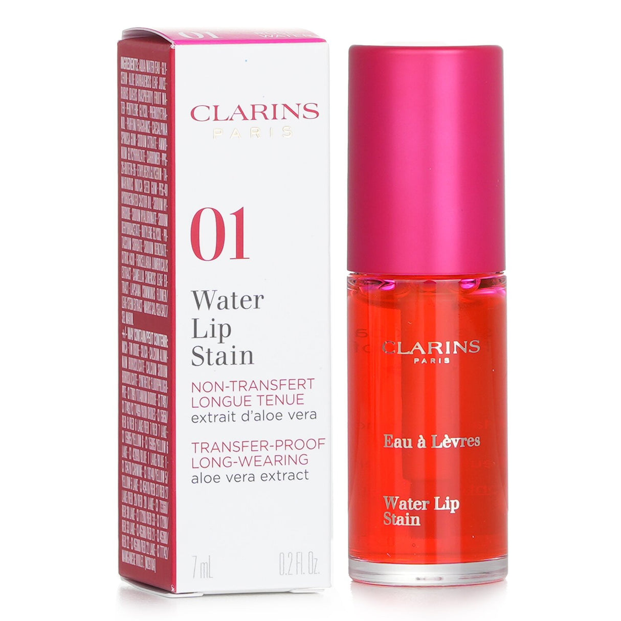 Clarins Water Lip Stain in #01 Rose Water, a vibrant pink formula with moisturizing Raspberry Water and Aloe Vera.