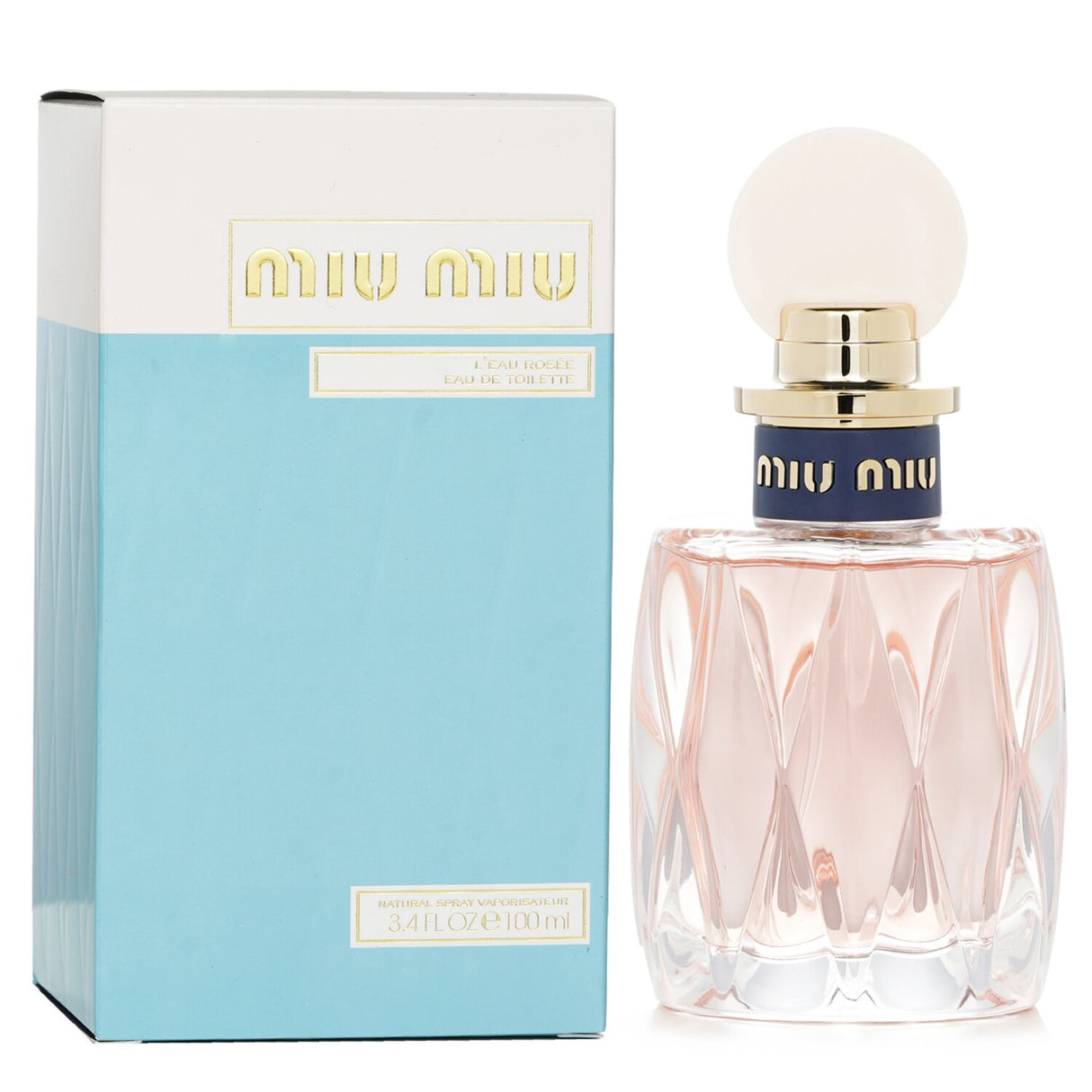 Miu Miu L'Eau Rosee Eau De Toilette Spray in a 100ml bottle, featuring a floral fragrance with notes of blackcurrant and rose.