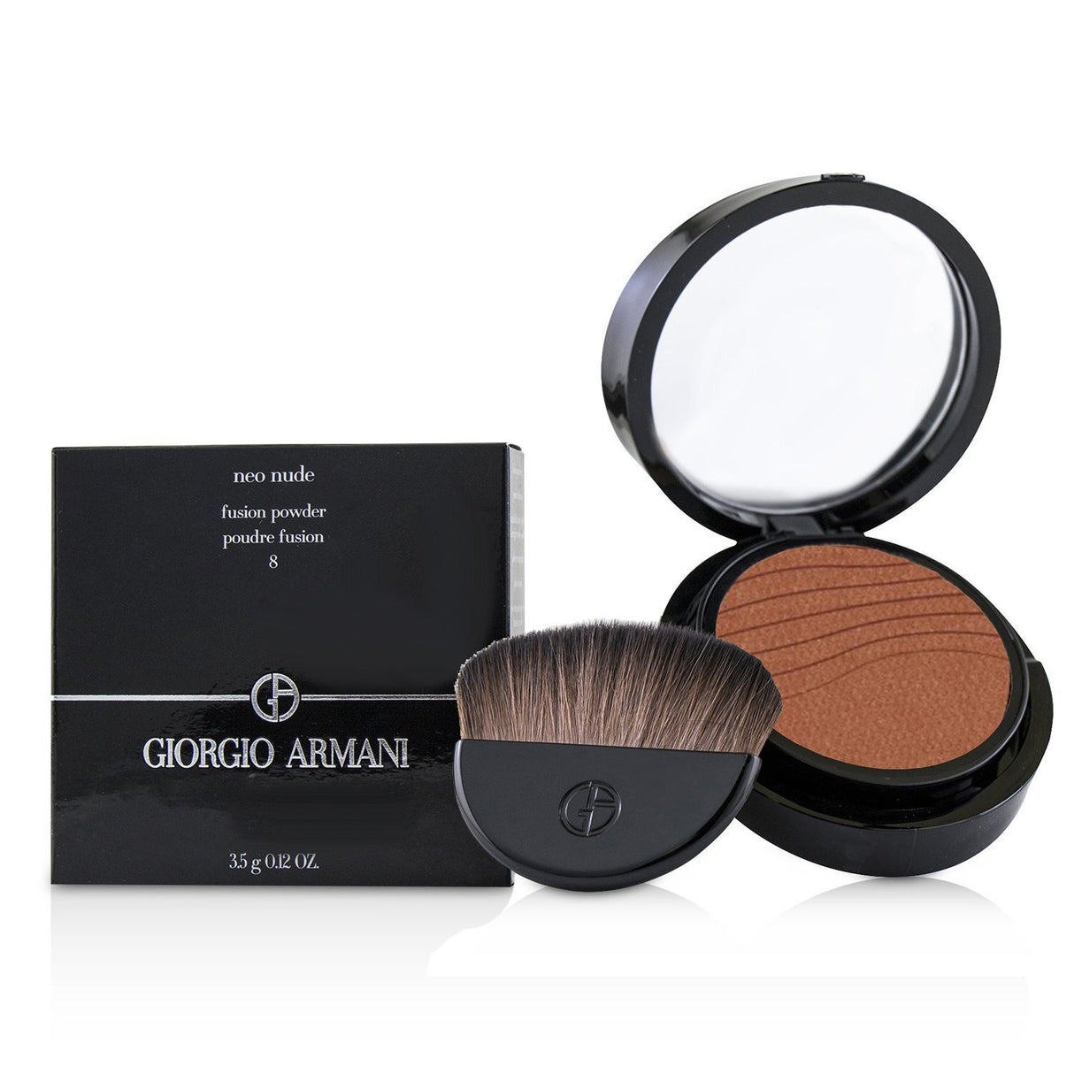 Giorgio Armani Neo Nude Fusion Powder #8 in sleek case, sheer formula for flawless, radiant complexion, ideal for all skin types.