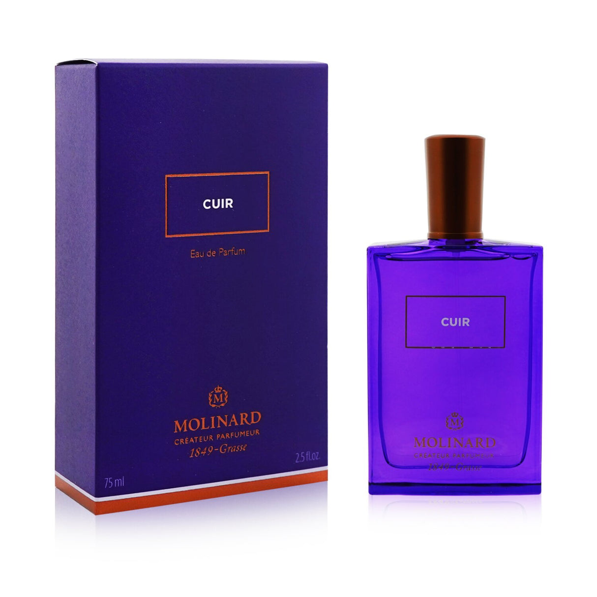 Luxurious 75ml Molinard Cuir Eau De Parfum Spray, a unisex leather scent with warm, spicy, and floral notes for evening wear.