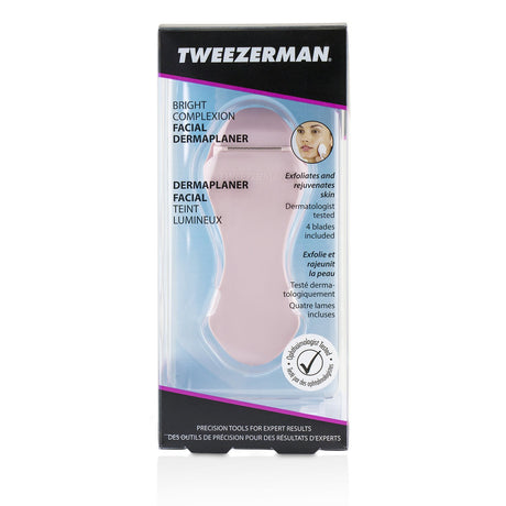 Tweezerman Bright Complexion Dermaplanner for exfoliating dull skin, featuring an ergonomic design and replaceable stainless steel blades.