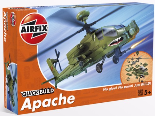 Push-fit Apache model kit with 37 pre-coloured parts, display stand, and stickers, designed for ages 8+.